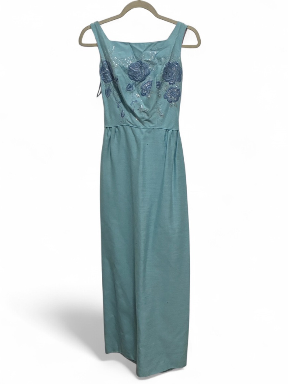 Vintage Nadine Sleeveless Light Blue Maxi Dress with Floral Embroidery